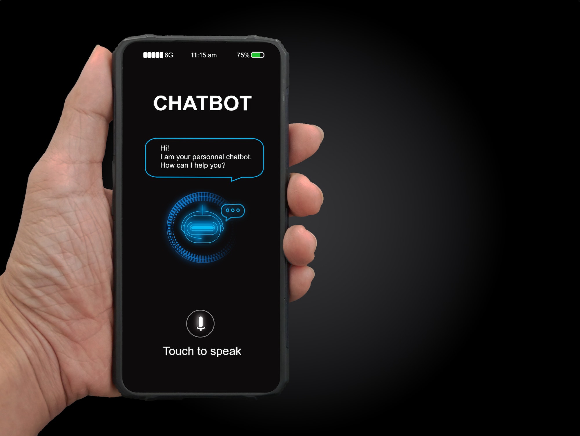 A man's hand holding mobile smartphone with chatterbot application